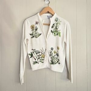 Vintage 50s 60s Cardigan Floral Print Rockabilly Sockhop Sweater Girl Fitted S